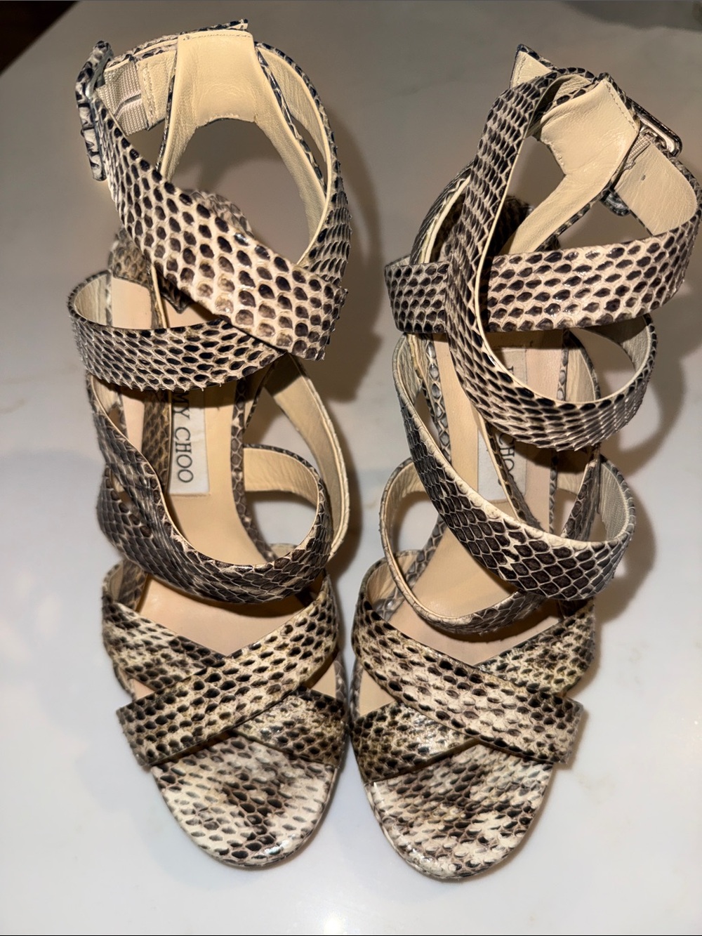 Jimmy Choo Black and Beige Snake-Print Strappy Heels